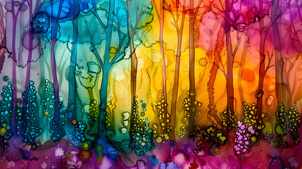 Nature's Symphony: Vibrant Alcohol Ink Forest Showcase the vivid and harmonious colors of alcohol ink creating an enchanting forest scene.