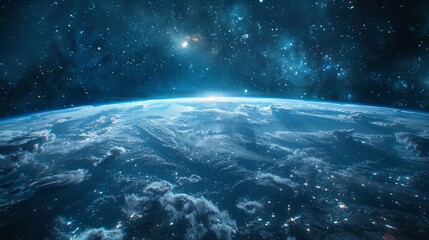 Night view of Earth from space with atmospheric glow and city lights under a star-filled sky. Planet Earth and space observation concept. Design for space exploration poster