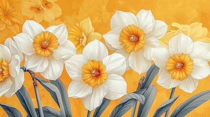 Cluster of white daffodils with orange centers on a golden yellow background