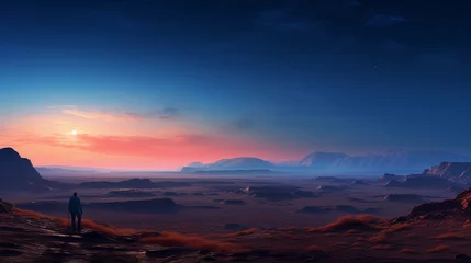 Deurstickers A sweeping cinematic panorama of Mars at dawn as seen from the edge of a human settlement © Tee