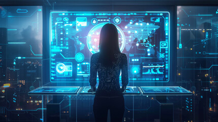 Silhouette of a woman using an advanced interactive display with global data analytics. Concept for big data, cybersecurity, or tech-driven business. Design for digital transformation presentation