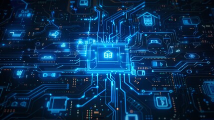 Smart home technology concept with centralized control system. Close-up shot of digital circuit board with glowing house icon. Design for tech innovation presentation