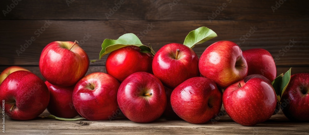 Poster a collection of vibrant red apples stacked on top of a sturdy wooden table, creating a rustic and in