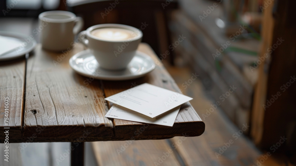 Poster simple square cards p on each table serving as the menu for a minimalist cafe with only the name and