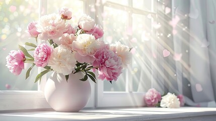 pink and white peonies flowers in a vase on the windowsill with sunbeams with a white background in a room product display presentation background or backdrop 