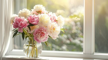 pink and white peonies flowers in a vase on the windowsill with sunbeams with a white background in a room product display presentation background or backdrop  - obrazy, fototapety, plakaty