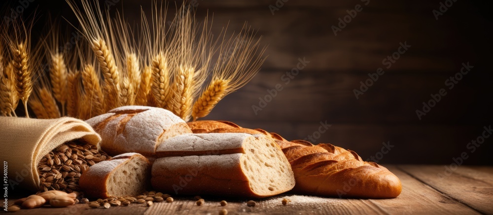 Poster several loaves of bread are displayed on top of a rustic wooden table, creating a warm and inviting 