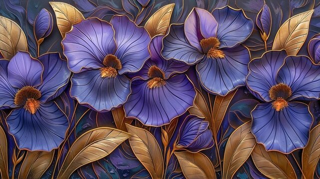 illustration of a bunch of iris flowers in purple and blue with a gold accent with teal leaves on a dark background