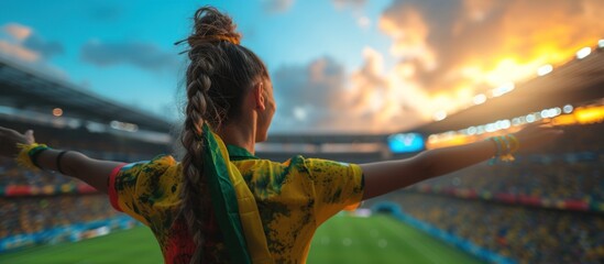 Back view of football, soccer fans cheering - obrazy, fototapety, plakaty