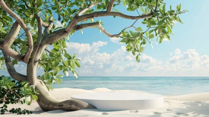 A white podium in round-shaped displayed on the sand with a big tree branch and some green tropical leaves. Blue sky background - generative ai