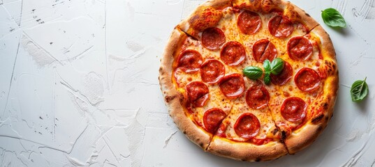 Italian pizza top view on white background with copy space, traditional cuisine concept