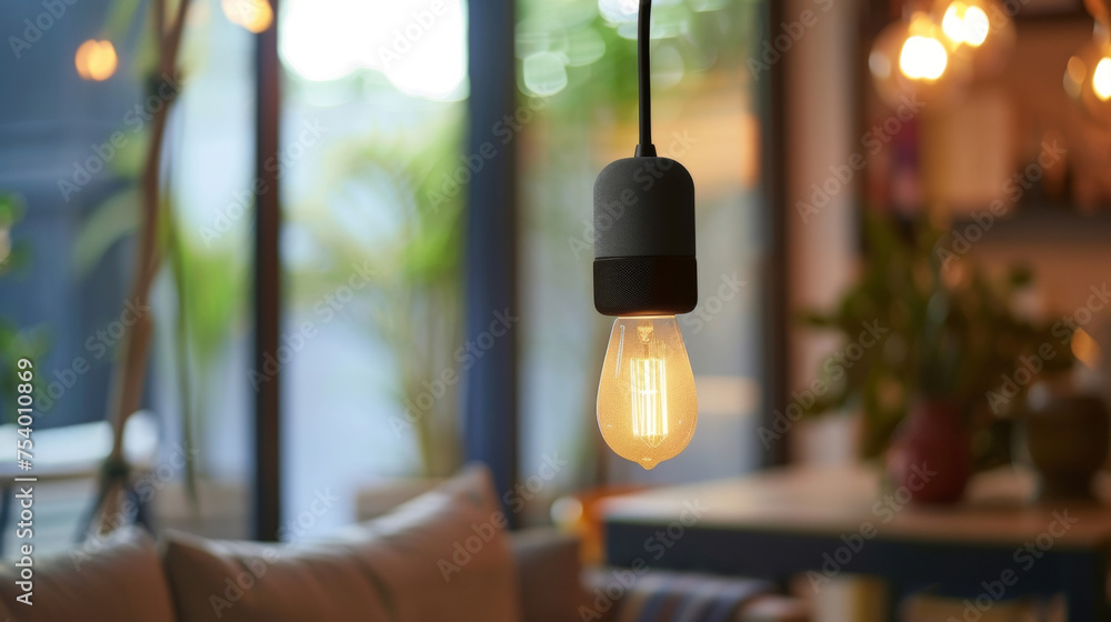 Poster a closeup of a smart light bulb with a builtin speaker allowing for music to be played directly from