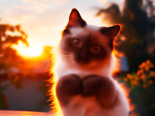 anthropomorphic Siamese cat pointing its heart, cute kitty under sunset or sunrise.