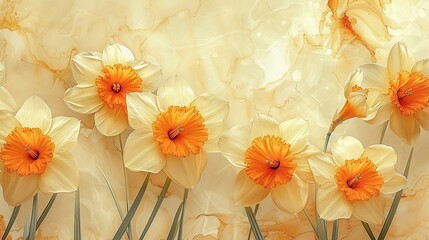 Illustration of light yellow daffodils on a marble like soft texture background