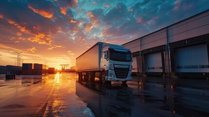 white truck parked in front of an industrial logistics building in the evening sunset  - obrazy, fototapety, plakaty