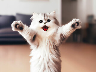 Cute British Longhair cat opening arms wanting a hug, kitty is hugging you. background is home. - obrazy, fototapety, plakaty