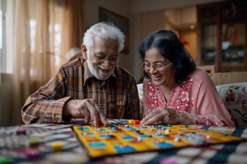 Fototapeta premium Happy senior couple playing ludo board game at home