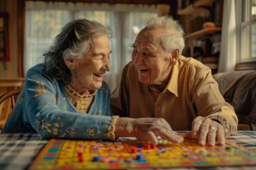 Fototapeta premium Happy senior couple playing ludo board game at home