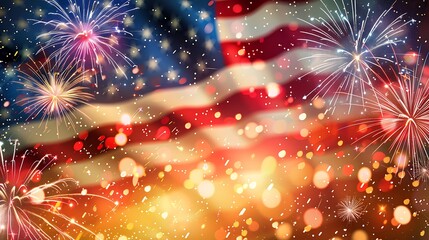 celebratory fireworks on background of american flag at usa independence day