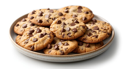 a plate of freshly baked chocolate chip cookies on isolated white background, generative ai
