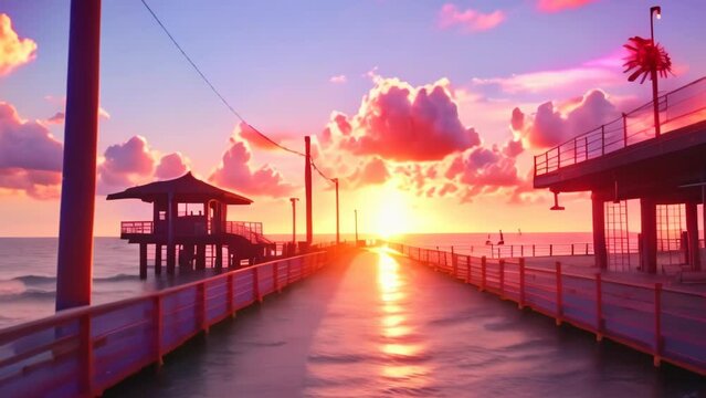 sunset on the bridge landscape. 4k video animation