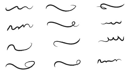 Hand drawn charcoal pencil lines, smears and squiggles set. Scribble black strokes, curly scribbles. underlines strikethroughs brushes, textured doodle freehand chalk drawing line stripes and waves.