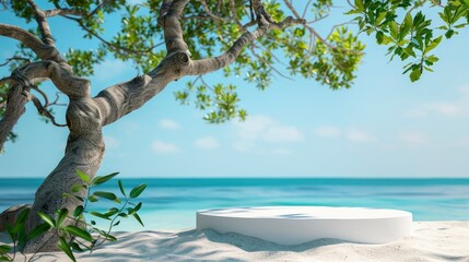 A white podium in round-shaped displayed on the sand with a big tree branch and some green tropical leaves. Blue sky background - generative ai