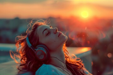 Woman wearing headphones and relaxing on rooftop - obrazy, fototapety, plakaty