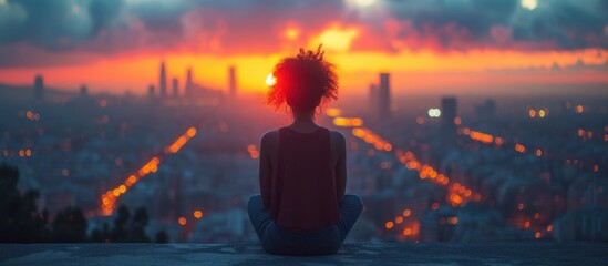 woman using laptop at dawn above the city