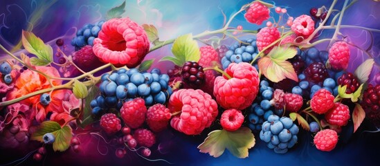A painting showcasing a closeup of vibrant berries and raspberries bursting with fruit on a blue...