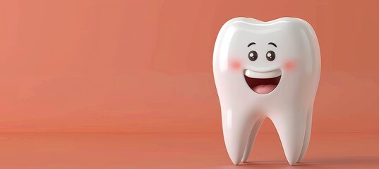 3d cute cartoon tooth character on pastel color background with space for text placement.