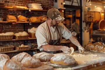 a man in an apron kneads dough with focus and passion