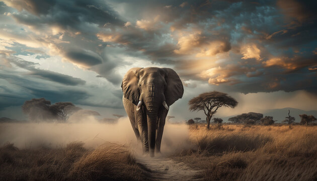 An elephant walks majestically along a path in the savannah, stirring up dust against a backdrop of a golden sunset and dramatic clouds