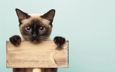 Siamese cat holding a blank sign wooden isolated on bright pastel background. Mockup product, advertisement. presentation. commercial. editorial. copy text space.