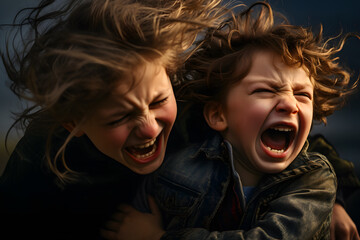 Little children brother and sister screaming with emotions and hysterics fight each other. - obrazy, fototapety, plakaty