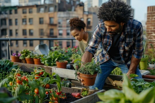 a young couple harvesting herbs from a pot in the rooftop