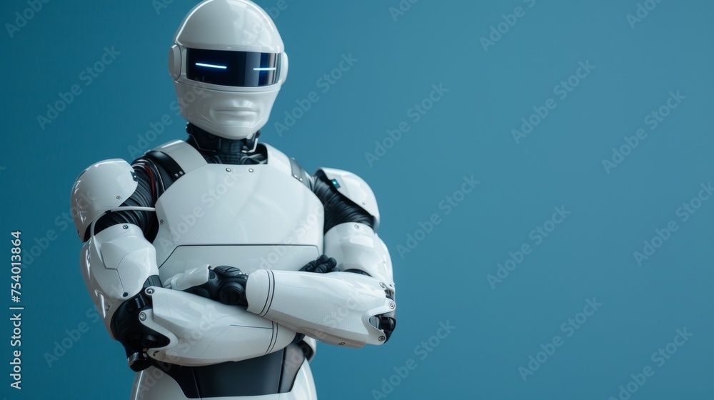 Poster futuristic white ai humanoid robot portrait, perfect for sci fi concepts with space for text.