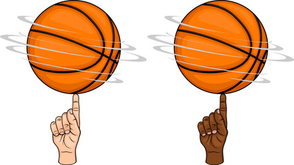 Vector illustration of a basketball spinning on a finger, in two color variations.