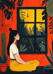 Contemplative Woman looking out Window at Room, illustration