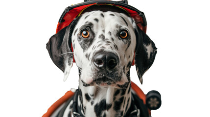 a portrait of a dalmatian with a firemanâ€™s hat and a hose, isolated on transparent background, png file