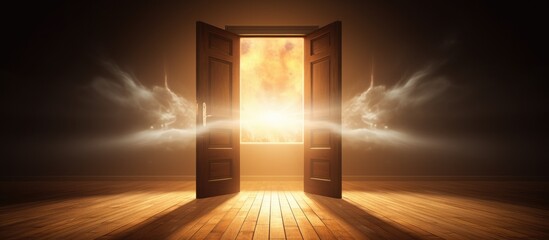 An open door leading to a bright light, symbolizing opportunity, new beginnings, and a pathway to the unknown. The light flooding through the door contrasts with the darkness of the interior,