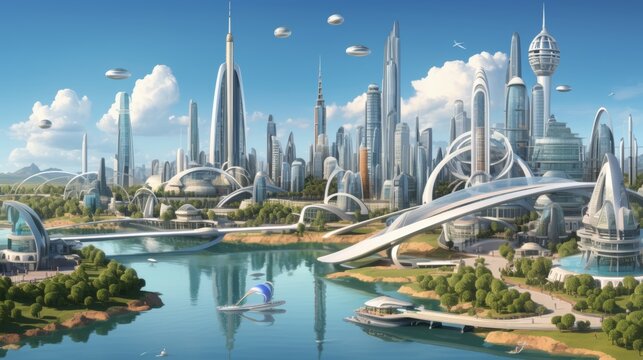 Futuristic cityscape with skyscrapers, towers, and flying vehicles in creative 3d scene illustration