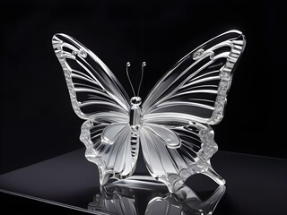Breathtaking crystal quartz glass sculpture of a delicate butterfly embodying mesmerizing translucent effects against a plain dark shaded background. Generative AI