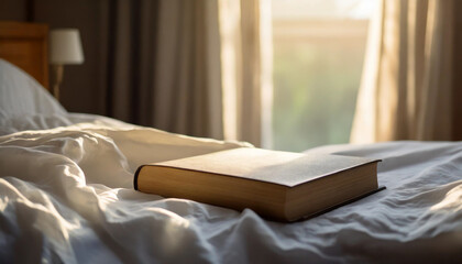 Fototapeta na wymiar Morning light filters onto white bed linen, illuminating a book symbolizing the importance of reading
