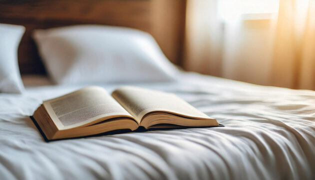 Morning light filters onto white bed linen, illuminating a book symbolizing the importance of reading