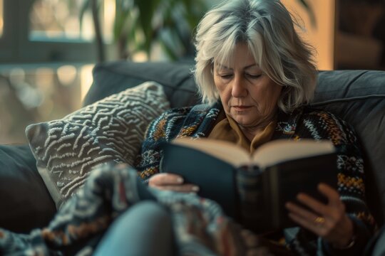 Mature woman reading book on sofa at home