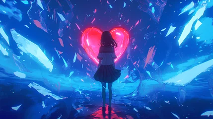 Papier Peint photo Lavable Typographie positive anime girl holding a glowing heart logo