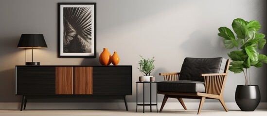 A modern living room featuring a stylish chair, a round black coffee table, a wooden sideboard, and a vibrant plant. The room is elegantly designed with a mock-up poster frame, lamp,