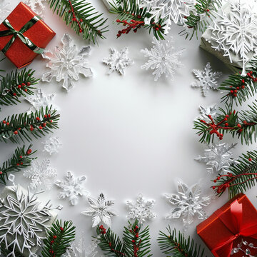 A white background with a Christmas tree and snowflakes. There are two red boxes in the background