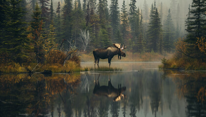A moose stands in a calm lake with its reflection visible, surrounded by a misty, forested landscape